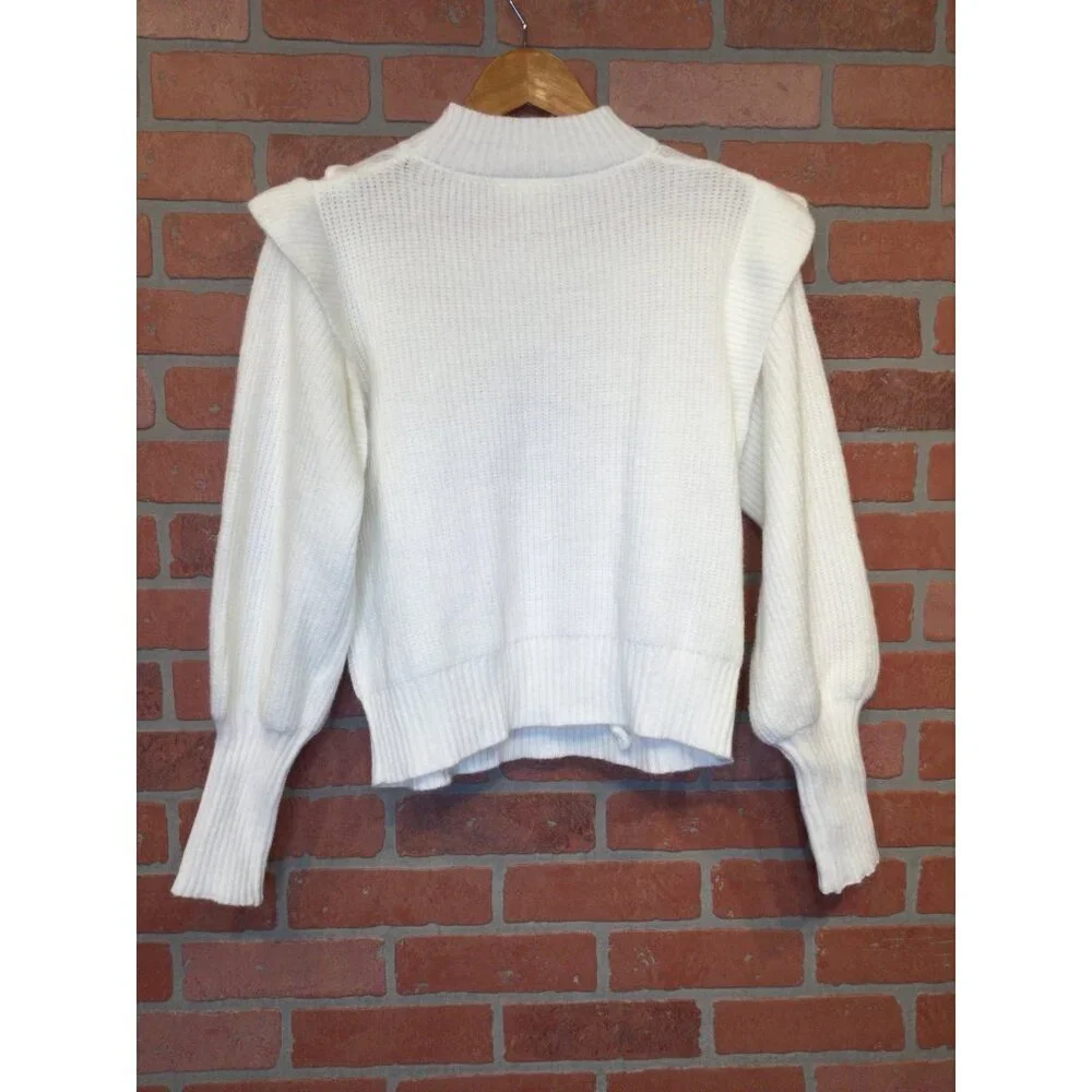 Line & Dot Womens White Cable Knit Sweater With Ruffles Soft Girl Coquette
